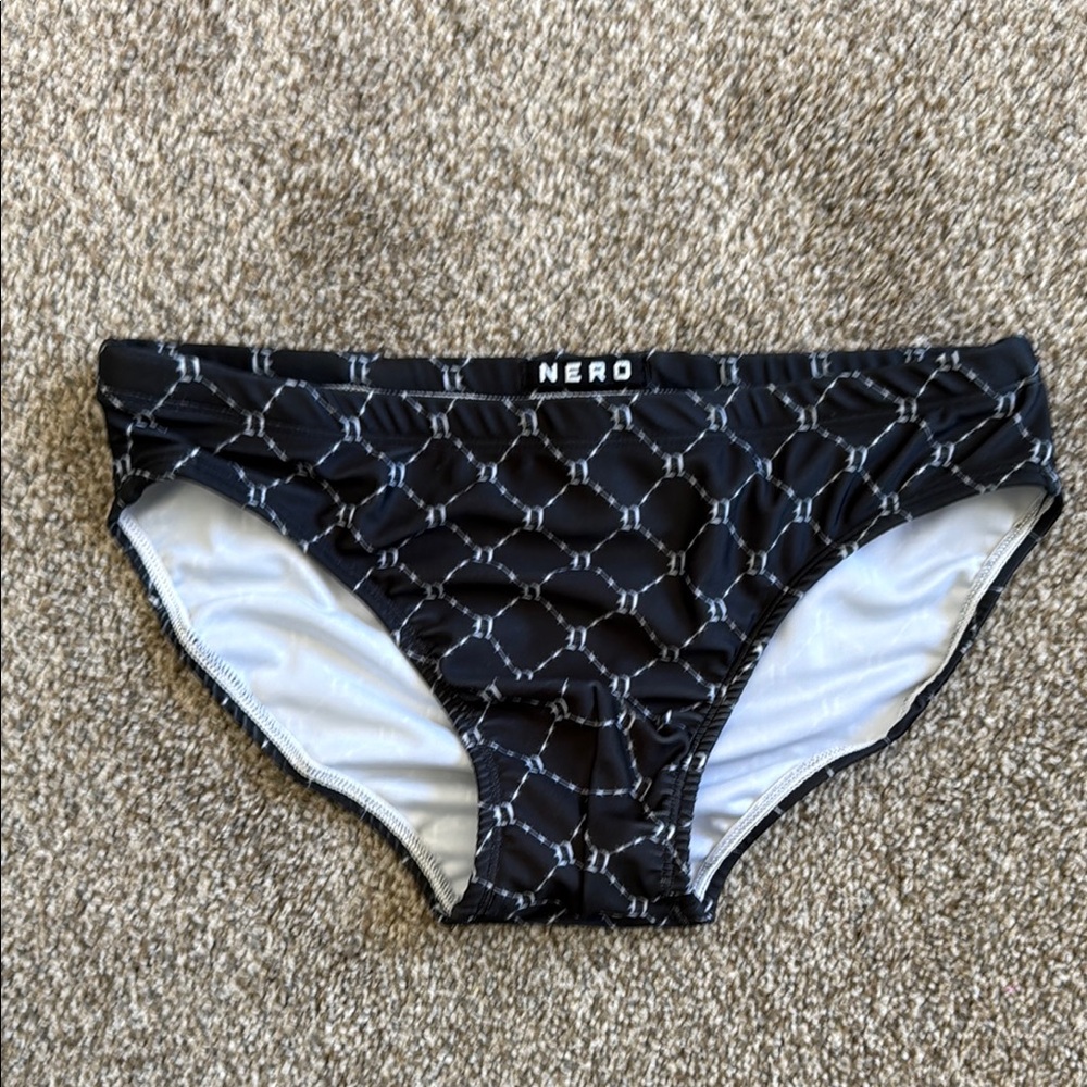 Men's Black Swim Briefs with Geometric Chain Pattern